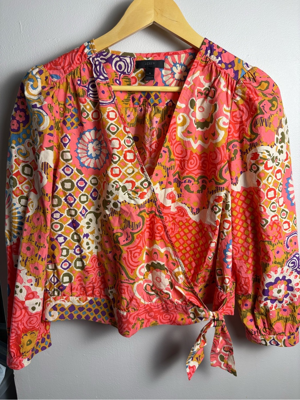 J. Crew Coral Multicolor Patterned Wrap Blouse 100% Cotton Tie Closure Medium